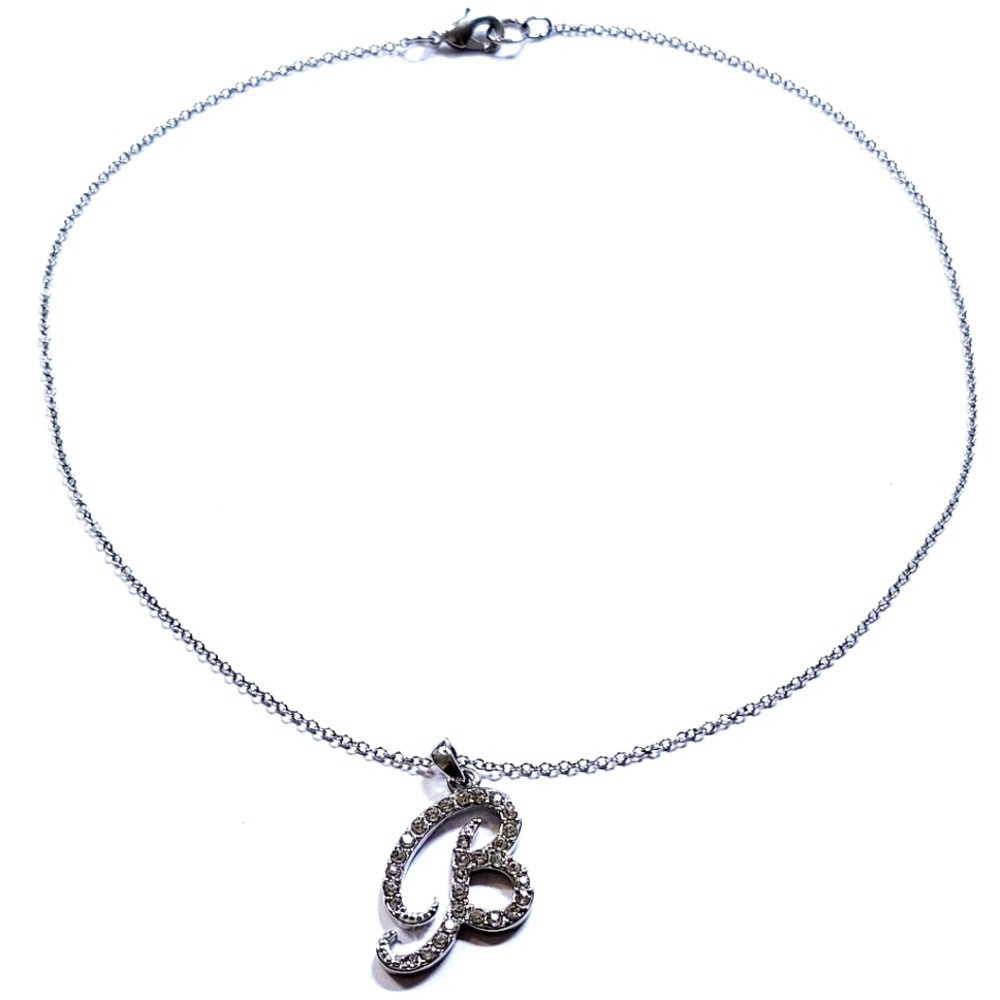 Rhinestone B Intial Silver Toned Necklace Fashion Jewelry